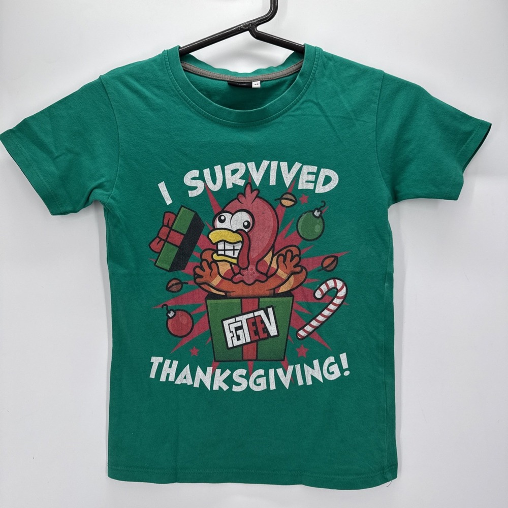 FGTeeV Kids XS T Shirt I Survived Thanksgiving Turkey Graphic Green 100% Cotton